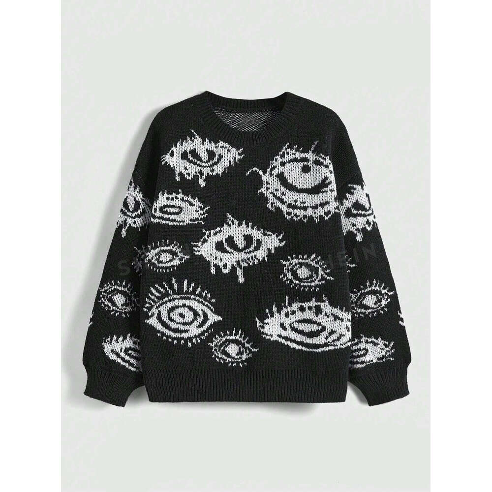 Personalized round neck long sleeved loose knitted sweater with jacquard pattern for winter warmth gift for man