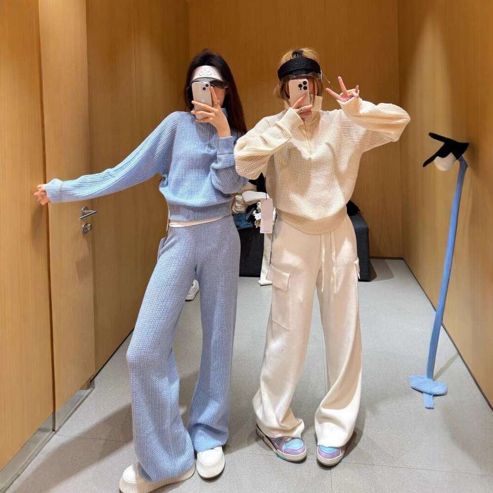 New Waffle Knitted Loose Casual Lazy Style Top, Floor Pants, Drop Feeling Two Piece Set, Soft