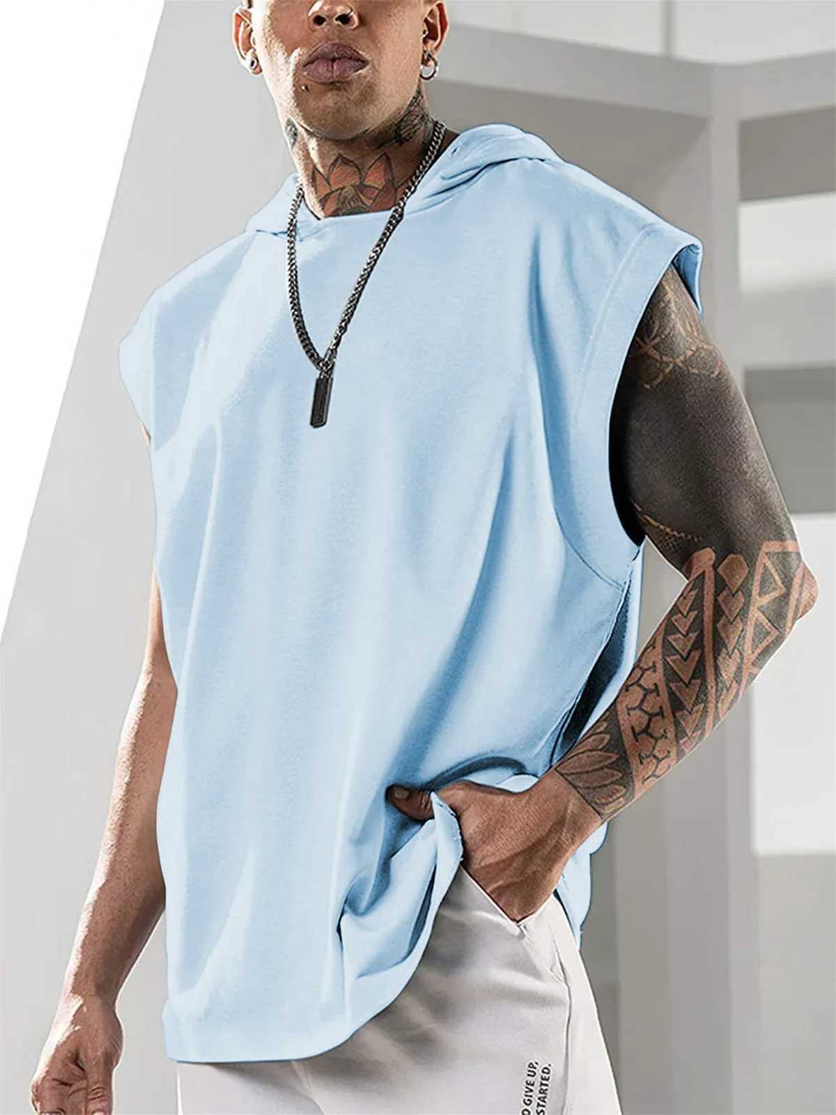 Mens Vest Fashion New Sports Hooded Loose Solid Color Summer Breathable Trend Casual Youth Sleeveless T-shirt TopsT250318