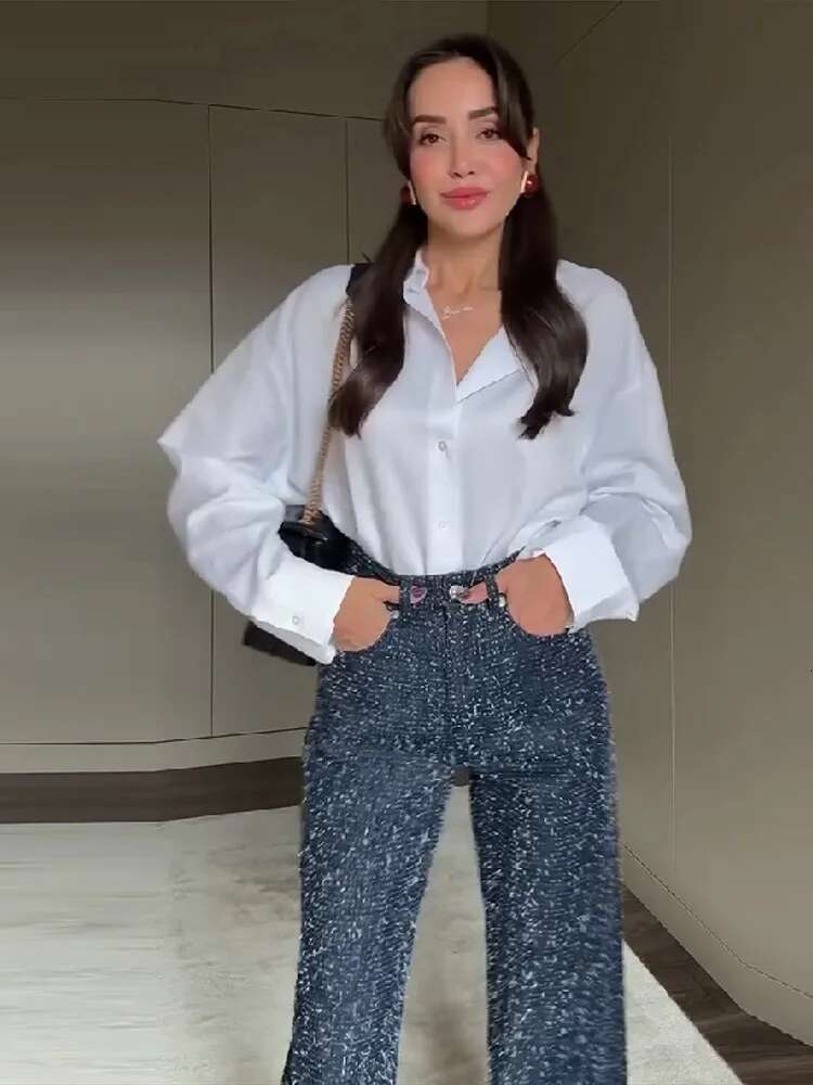 Elegant Tweed Women Fringes Elastic Straight Long Denim Pants Female 2025 Spring Summer Y2k High Waist Street Jeans Lady