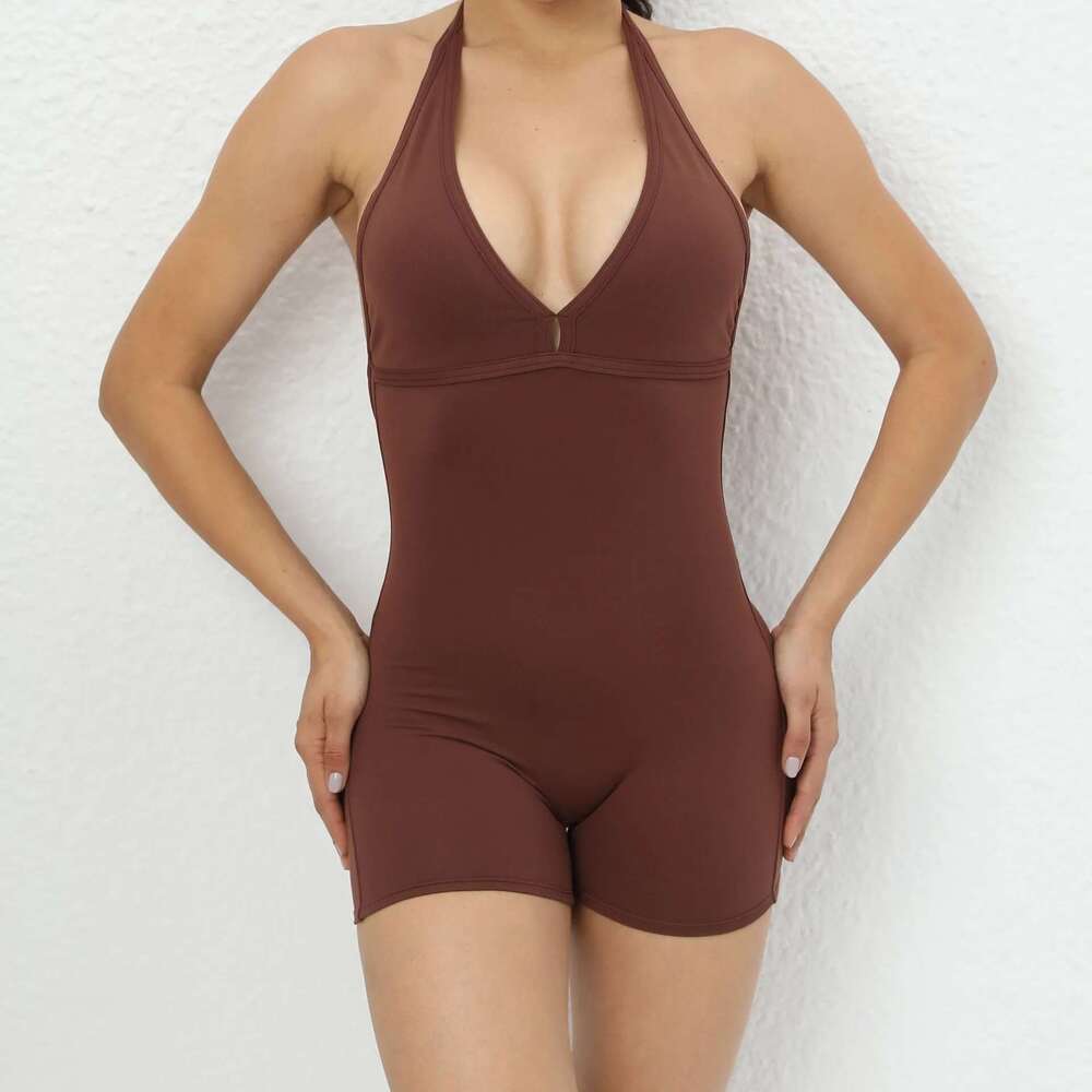 New Women' One Piece Jumpsuit V-Shaped Chest Tie Rope Tie Shorts Lycra Fiess Overalls With Padding Workout Clothes Gym Sets KLMY