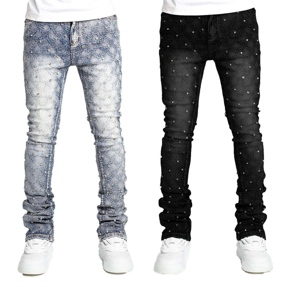 Men's personality straight leg European and American Instagram hot item elastic pearl denim layered men's pants 2025 new casual versatile fa