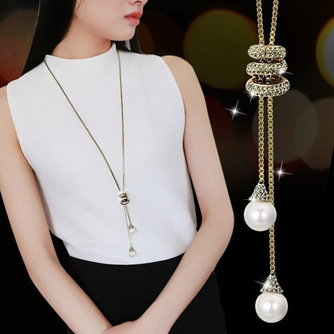 Long Pearl Necklace Female Korean Fashion Crystal Fringe Pendant Autumn And Winter Jewelry