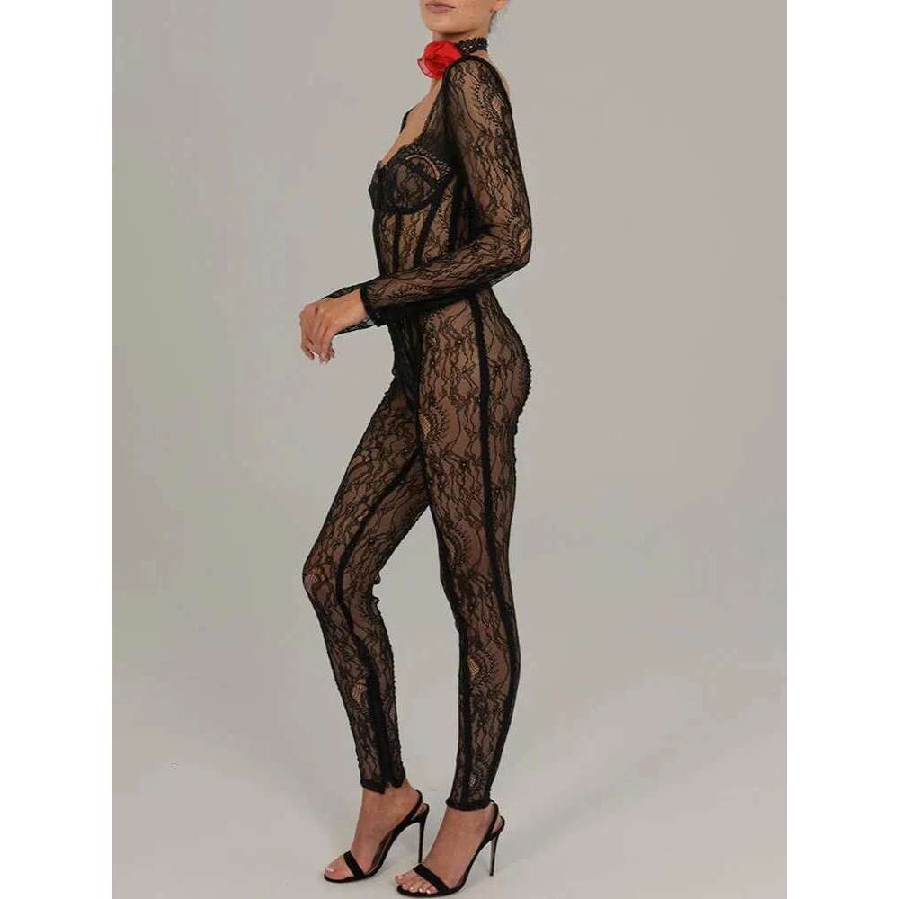 Sibybo Long Sleeve Lace Jumpsuits Basics Square Collar Skinny Leggings Casual Solid Color Taped Rompers Fall Women Clothing KLMY