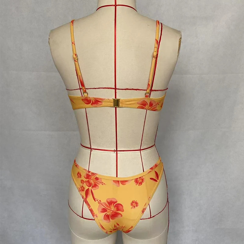 BEACHCICI Bikinis Two Piece Set Women Casual V Neck Suspender Printed Adjustable Strap Top With Pants Sets Beachwear Swimsuit 250306