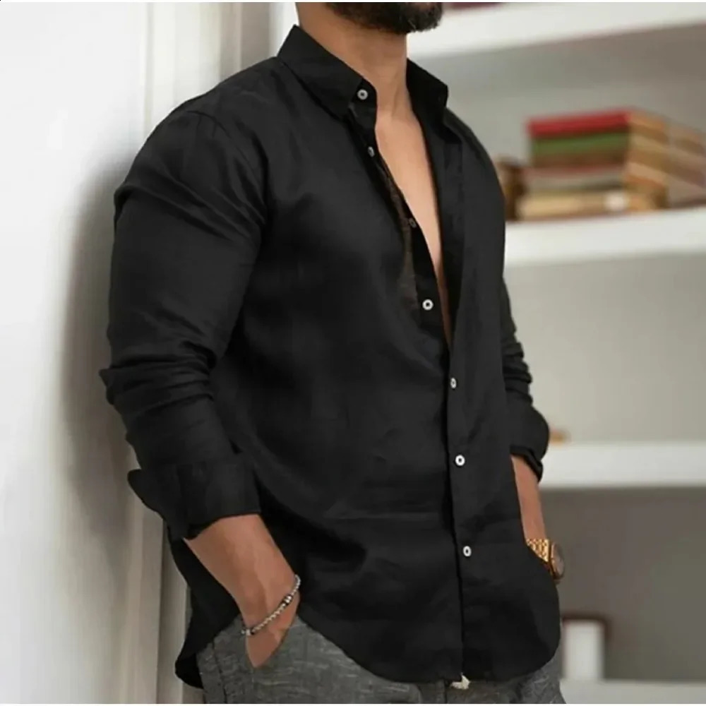 Mens Summer Beach Shirt Linen Button Up Long Sleeve Plain Lapel Spring Casual Daily Clothing 250227Z