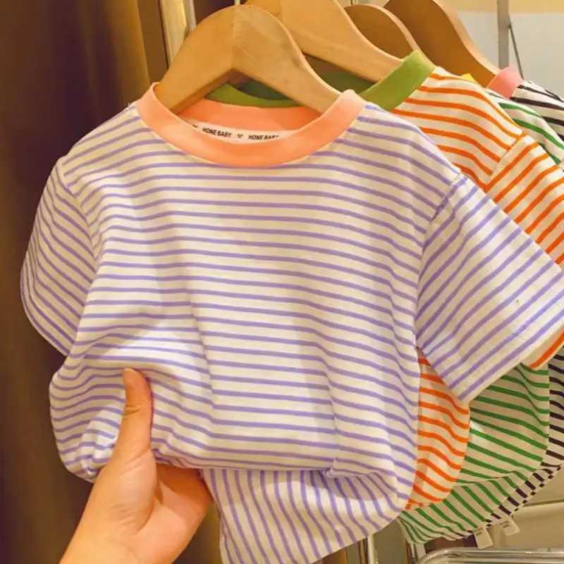 Girls Summer Short-sleeved Striped Contrast T-shirt Fashion Tops Childrens Wear Pure Cotton Casual Loose Versatile Base ShirtT250306