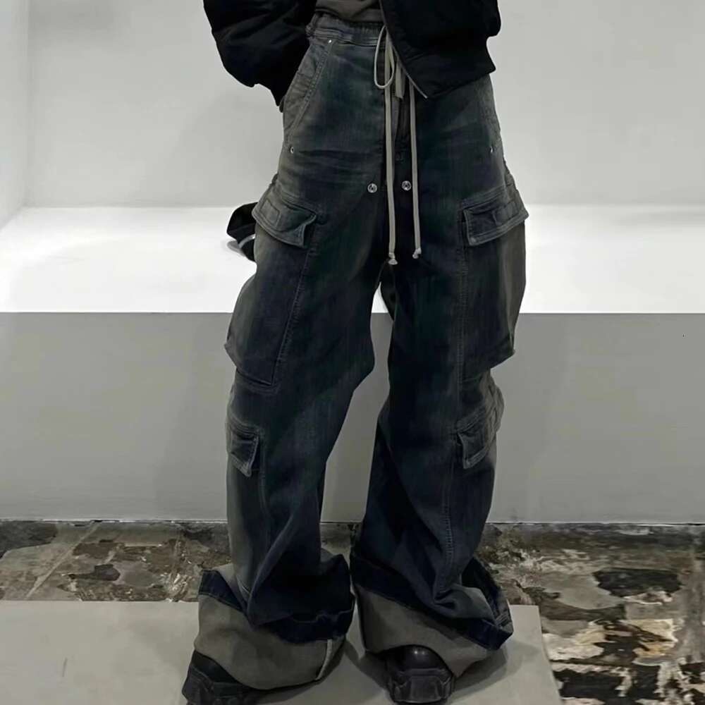 RO Style Gradient Ribbons Multi-Pockets Drawstring Jeans For Men Haruku Streetwear Baggy Y2k Denim Trousers Oversized Cargos