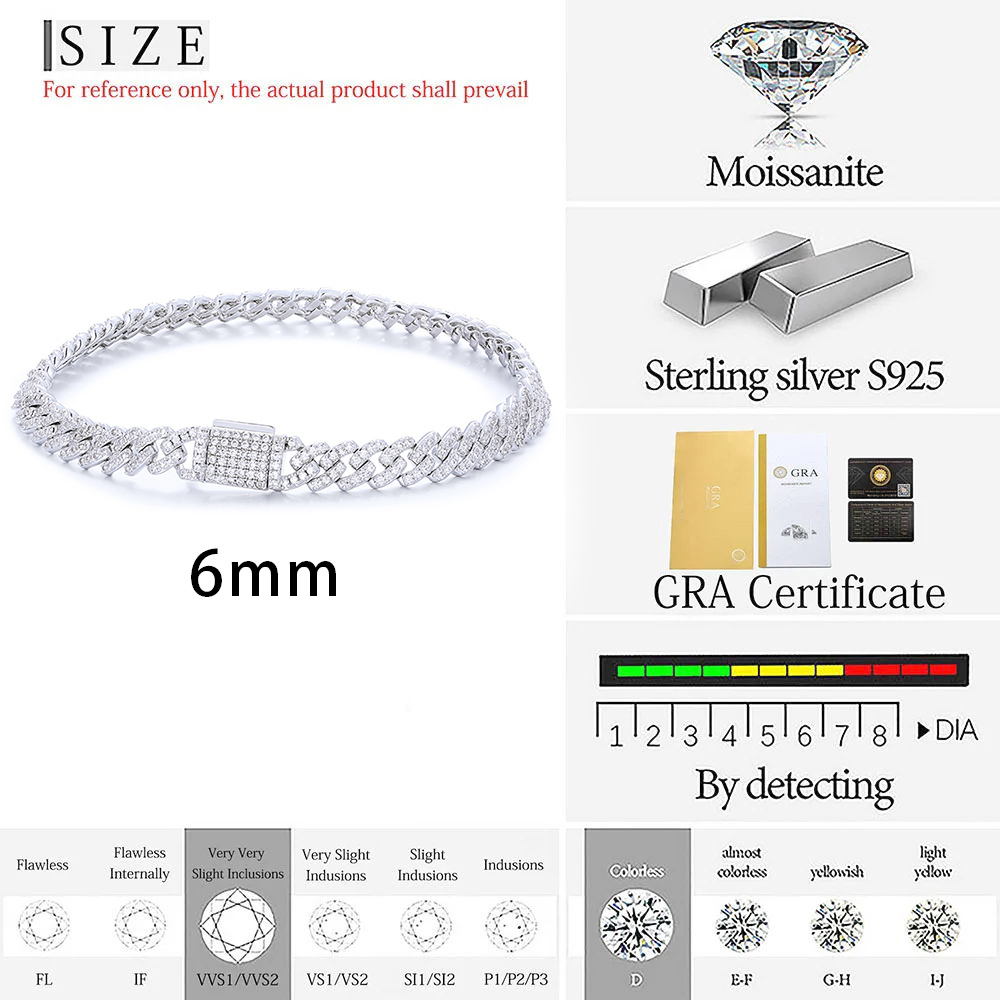 6mm Pass Test Moissanite Cuban k Chain Sterg Sier VVS Dia Iced Out Women Single Rows Thin Necklace