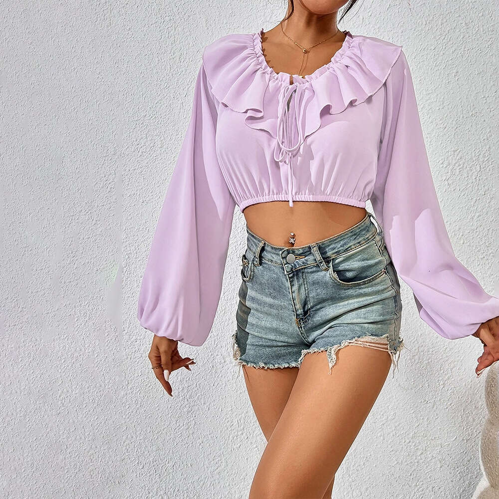 Spring/Summer Ultra Short Lotus Collar Bubble Open Belly Button Women's Pullover Long Sleeve Top KLMY