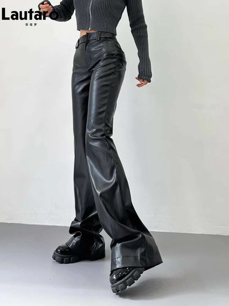 Lautaro Spring Autumn Cool Casual Soft Black Pu Leather Or Length Flare Pants For Women High Waist Korean Style Fashion 2023