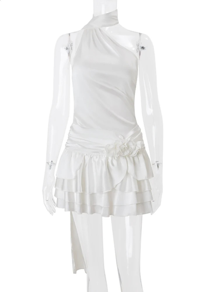 Fantoye Satin Sexy Backless 3D Flowers Women Dress White Halter A-line Dress Female Spring Slim Elegant Party Clubwear Vestidos 250305