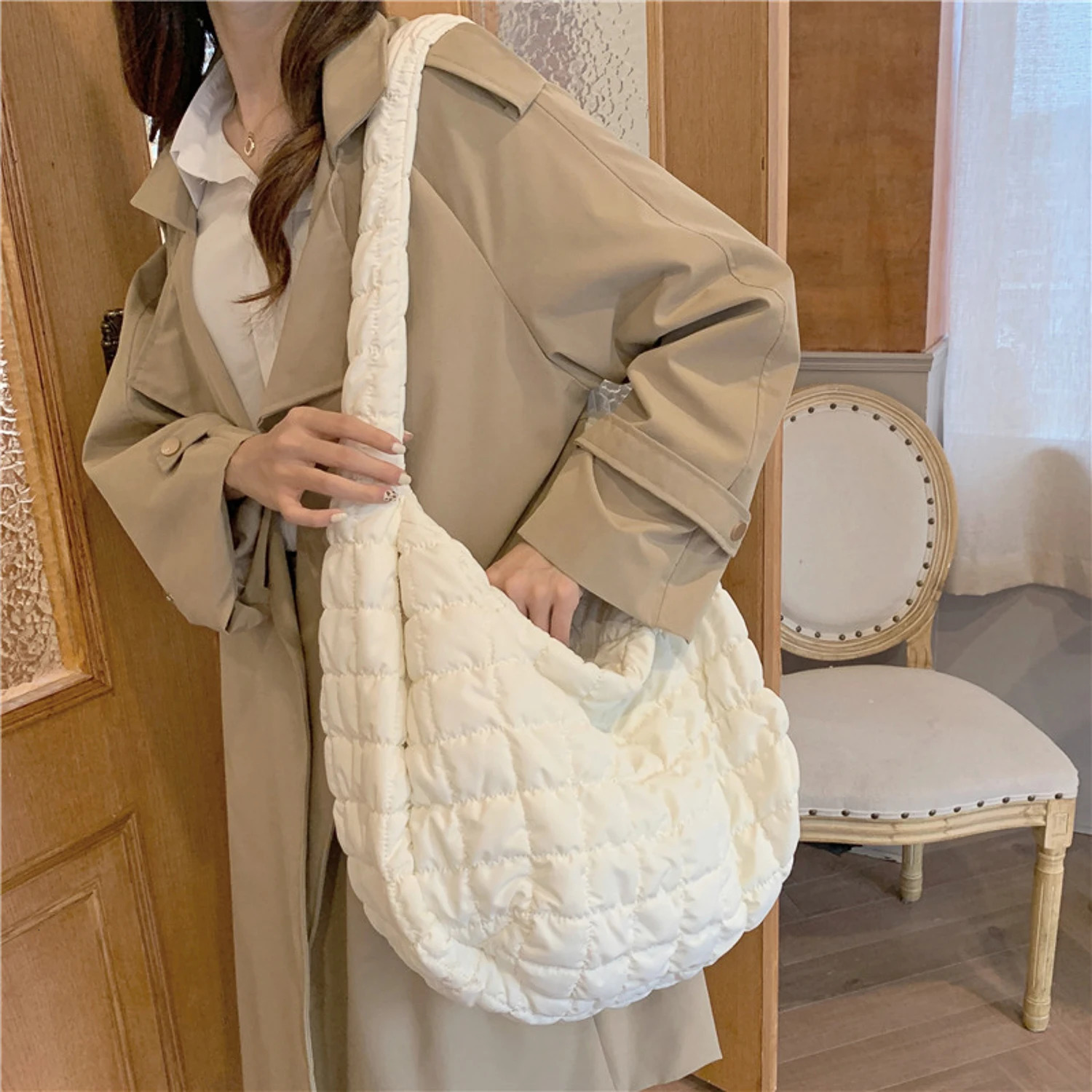 Casual Ruched Hobos Women Shoulder BagsQuilted Padded Crossbody Bag Large CapacityNylon Puffer Tote Bag Big Shopper Purses 250306