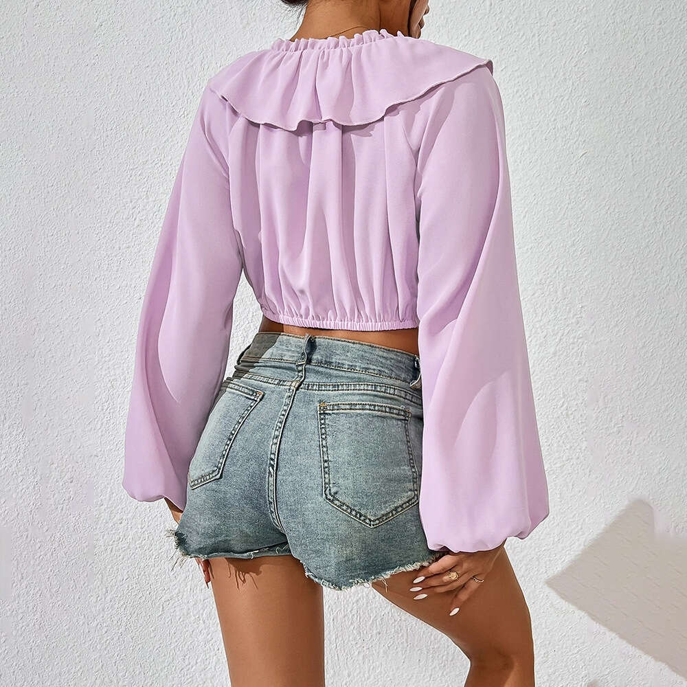 Spring/Summer Ultra Short Lotus Collar Bubble Open Belly Button Women's Pullover Long Sleeve Top KLMY