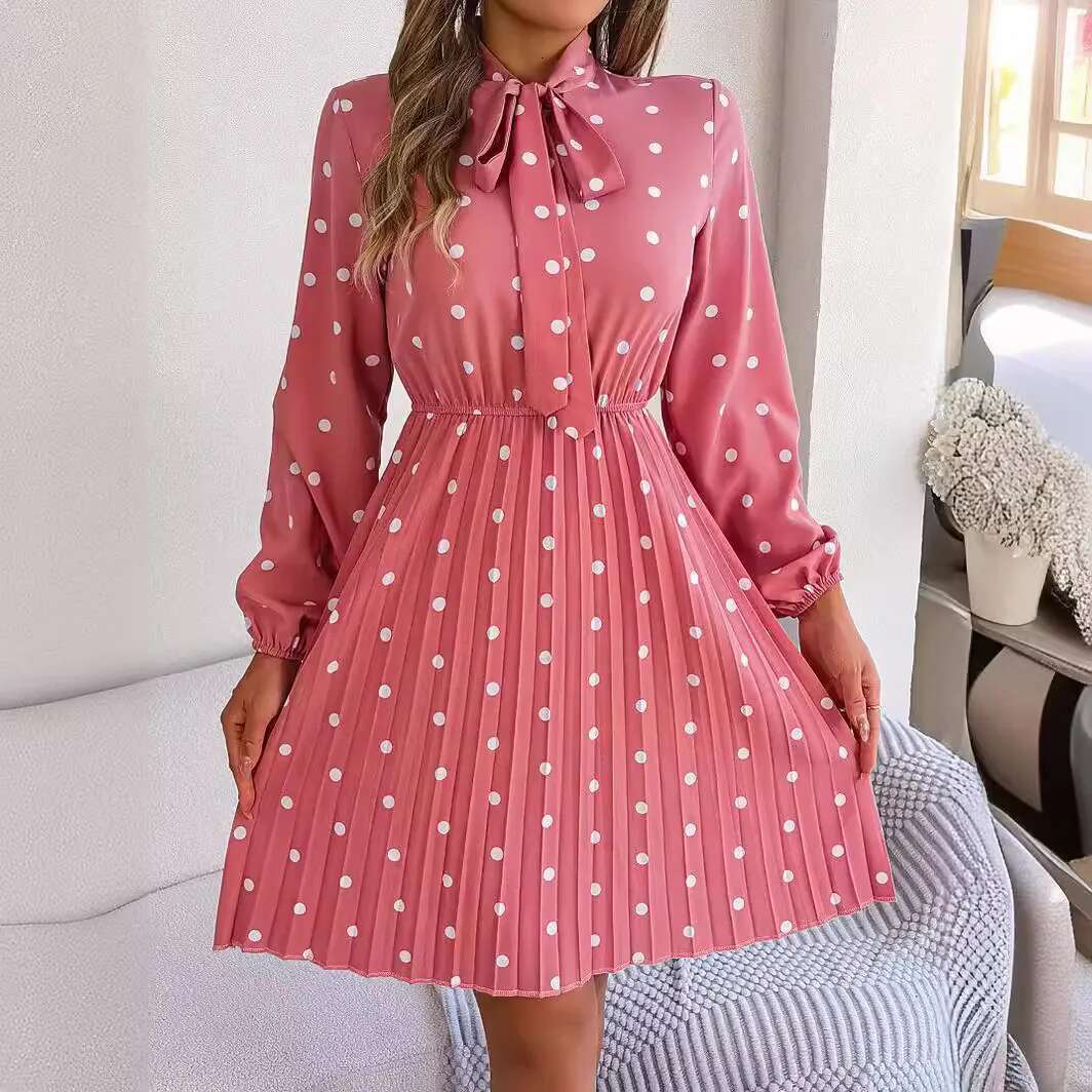2025 Spring Summer Women's Polka Dot Lace-Up Waist Tuck Long-Sleeved Pleated Dress For Women Elegant Office Laides Dresses