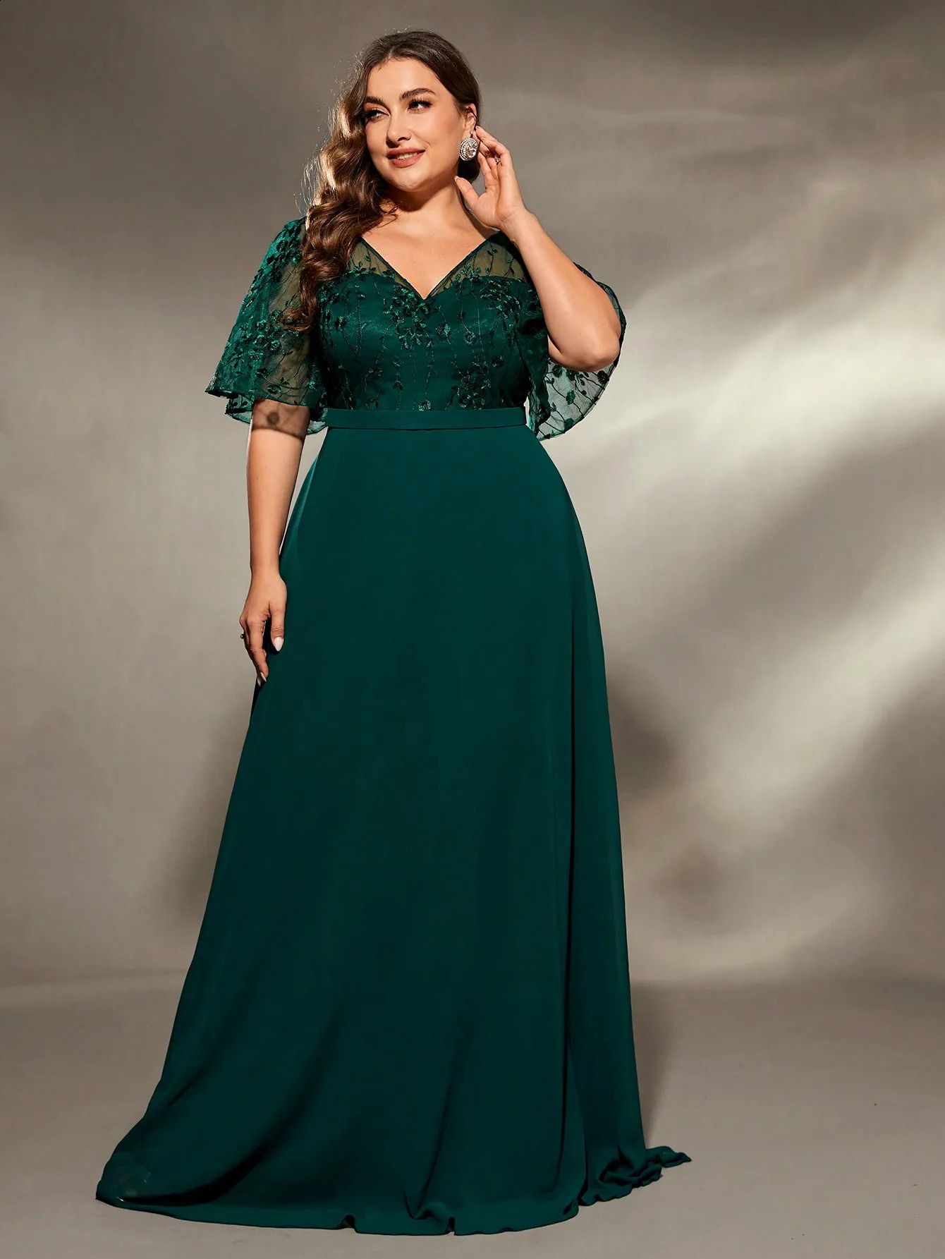 Mgiacy plus size Vneck Seethrough trumpet sleeve embroidered chiffon full skirt Evening gown Ball dress Party 250526