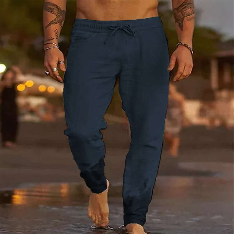 European and American men's solid color drawstring cotton en loose beach pants 2025 new casual versatile fashion clothing