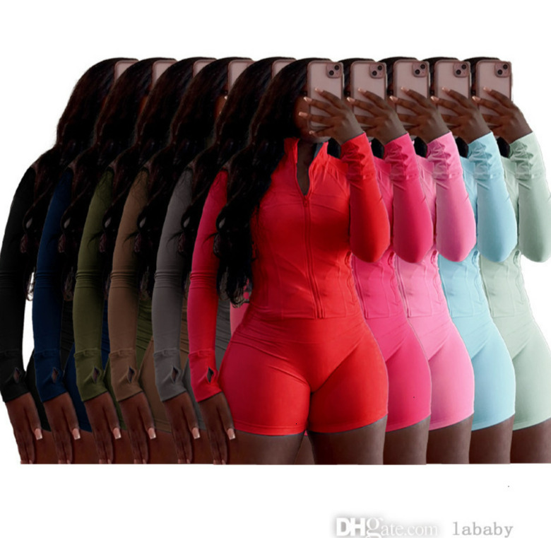 Fashion Womens Tracksuit Sexy Tight Two Piece Set Women Yoga Sets Long Sleeve Zipper Neck Top Blouse And Shorts Pants Sports Leisure Track Suit Outfits