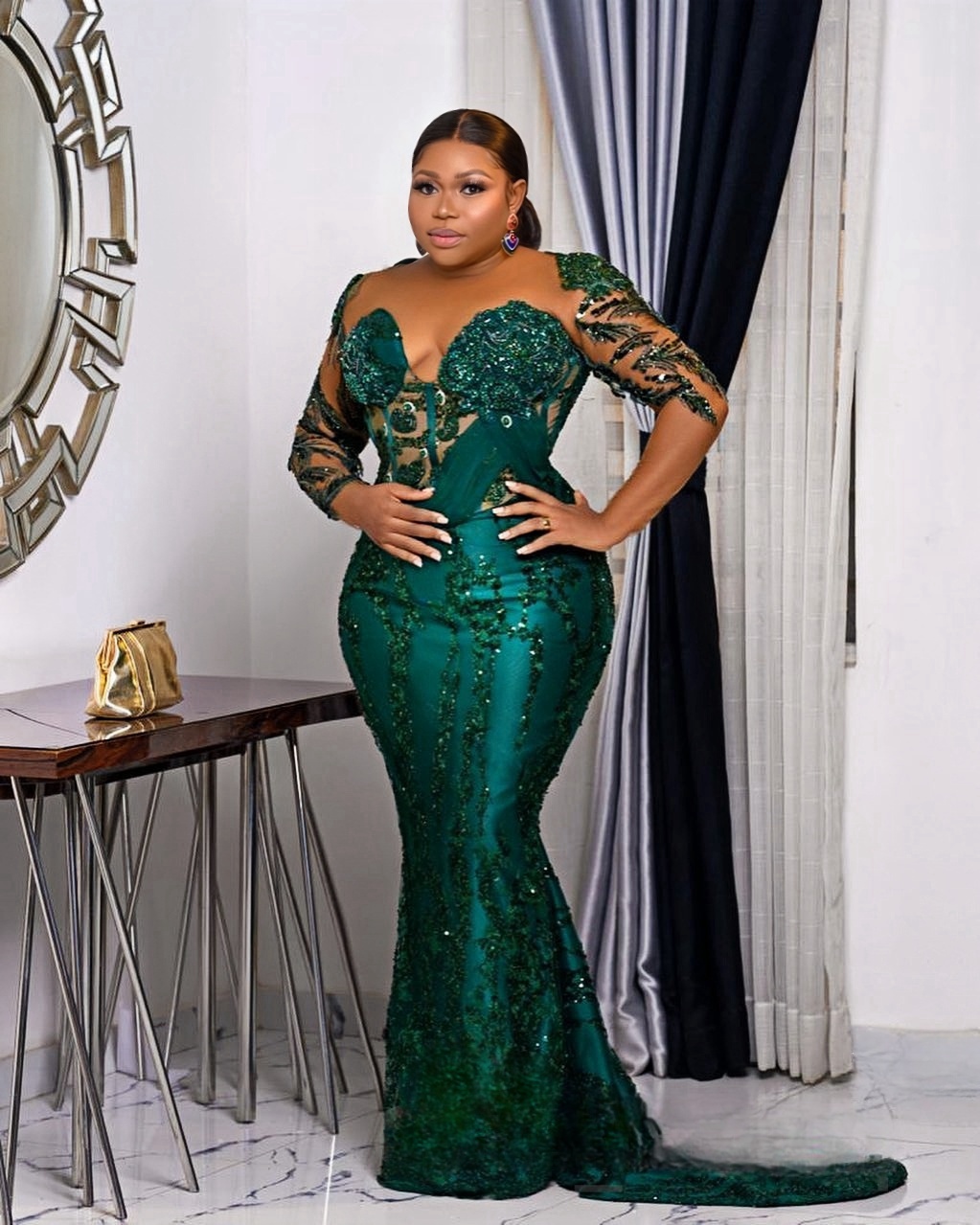 2025 Arabic Aso Ebi Hunter Green Prom Dresses Lace Beaded Crystals Evening Formal Party Second Reception Birthday Engagement Prom Gowns Dress