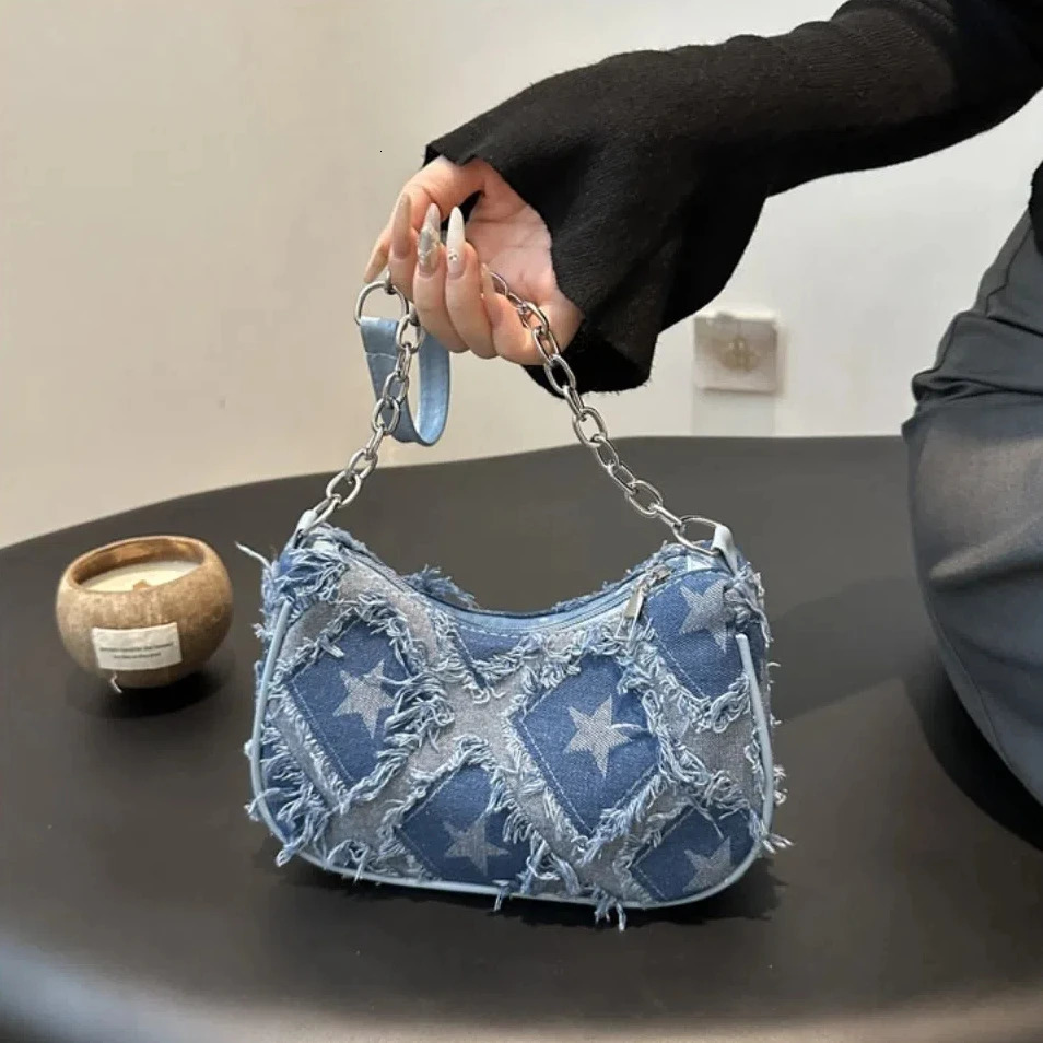Trendy Single Shoulder Bag Vintage Y2k Denim Underarm Bag Star Korean Womens Handbag Female 250306
