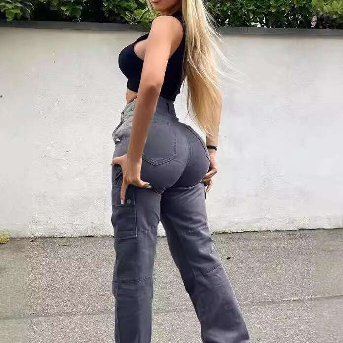 High quality European American high waisted pants with multiple pockets, fashionable and stretchy workwear, trendy street women's pants, 2025 new