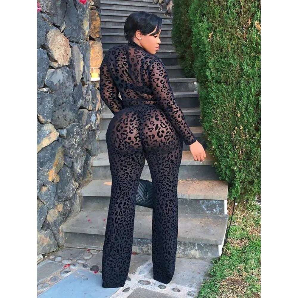 Sibybo Fashion Gauze Jumpsuits Sexy Leopard Print See Through Rompers Casual Basic Long Sleeves Wide Leg Pants Hot Girl Clothing KLMY