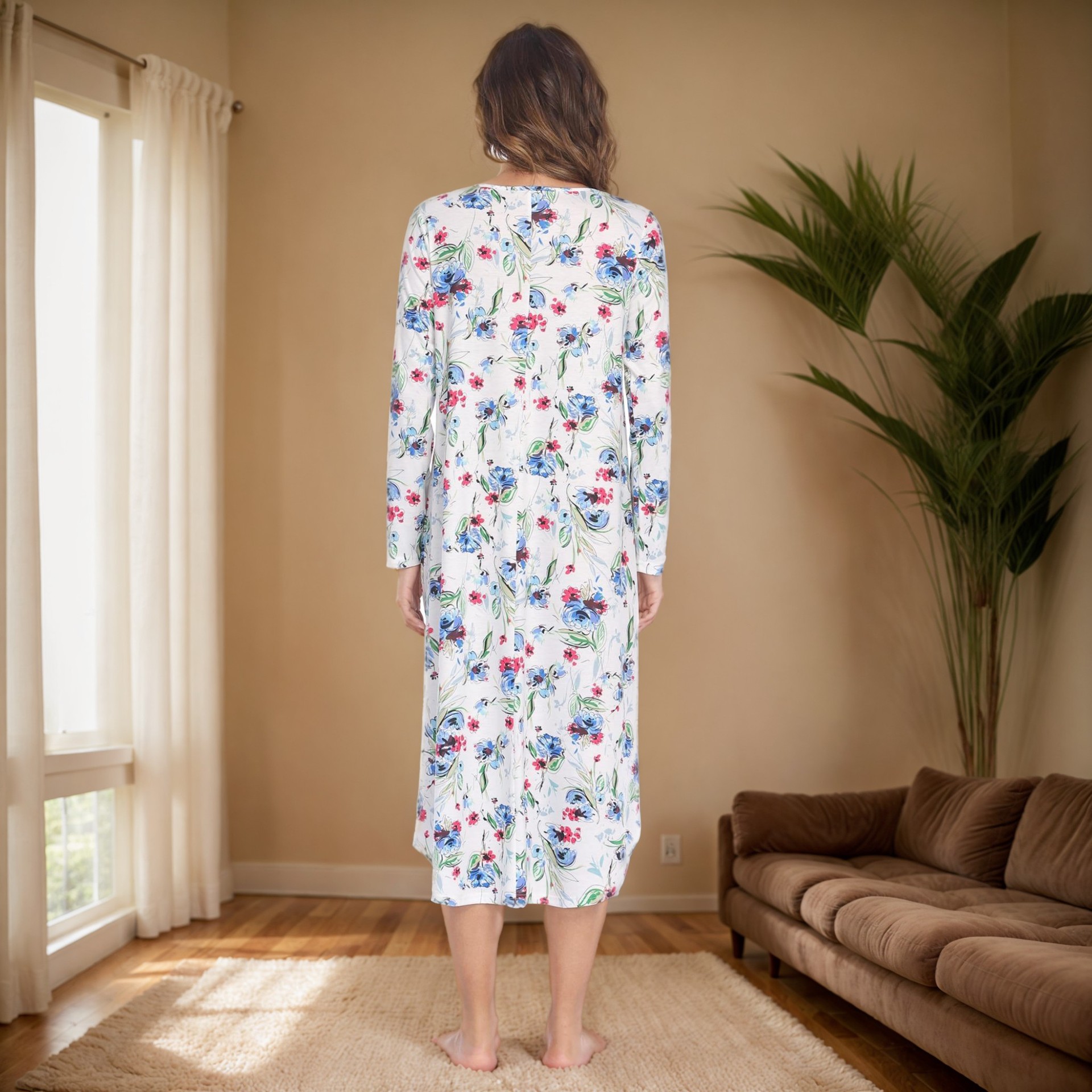 X147-Winter beauty ladies nightdress imitation cotton printed lace splicing V-neck long-sleeved long dress home clothes pajamas women