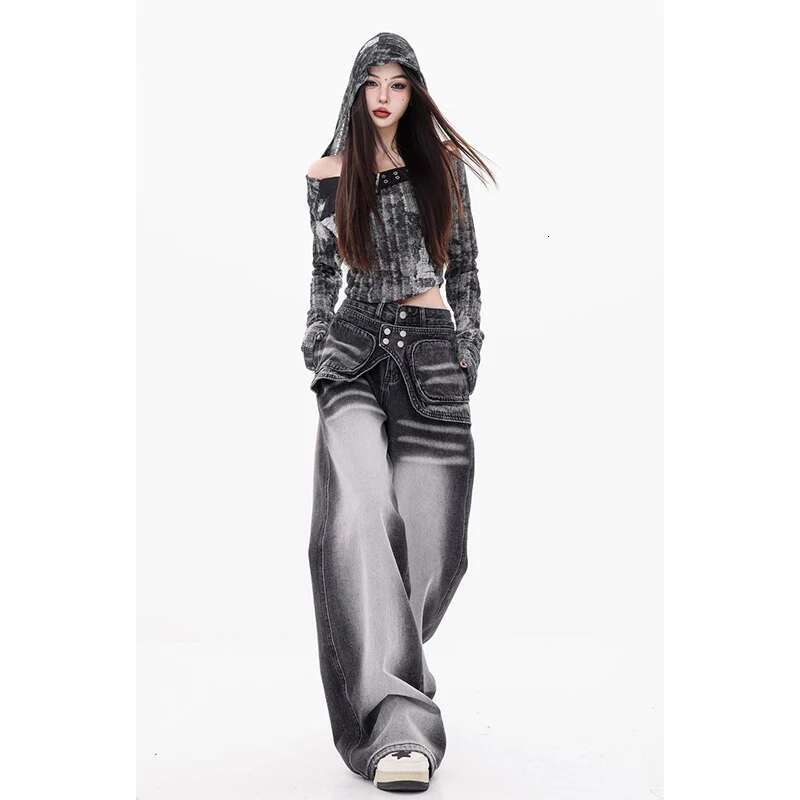 2024 New Autumn/Winter Retro Fashion Women's 90S Fake Two-Piece Y2k Design Black Jeans 2000S High Waist Whitening Denim Pants