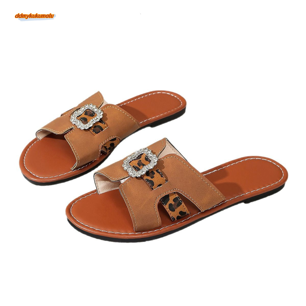 2025 Summer New Large Flat Bottom Round Head Leopard Pattern Fashion Casual One Word Strap Cool Slippers Temu #ddmykukumalu