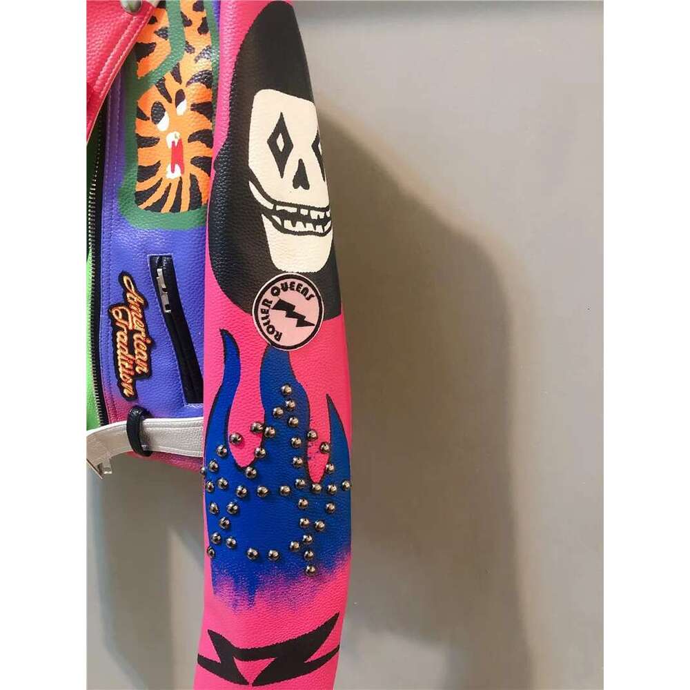 3Xl Women And Men Rivet Beading Pu Jacket Hit Color Streetstyle Graffiti Outerwear Letters Printed Leather Jackets