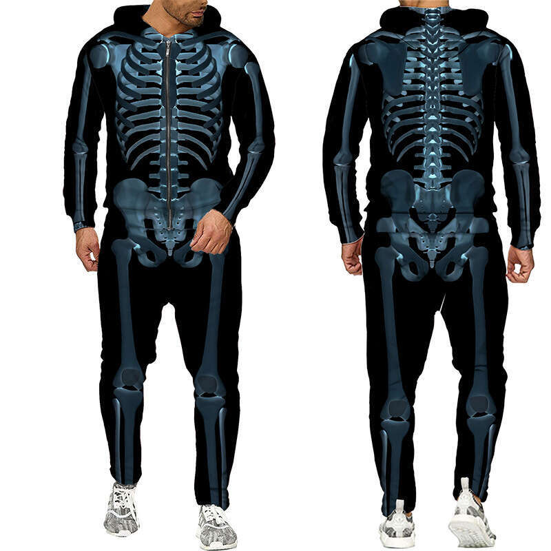 Autumn winter hoodie skeleton 3D sportswear men's outdoor zipper set factory direct sales 2025 new style chic and elegant clothing
