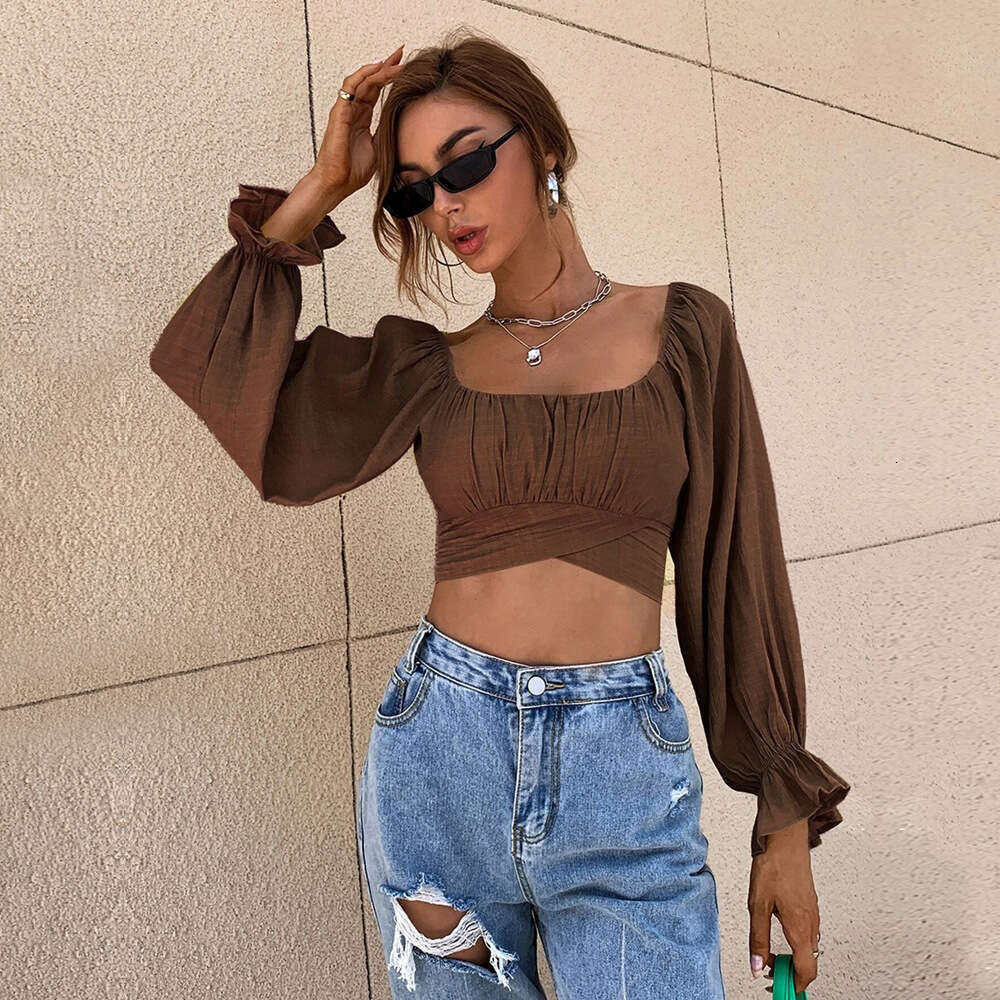 Spring/Summer New Sexy Style Tie Fit Square Neck Ultra Short Long Sleeved Women's Shirt Top For Women KLMY