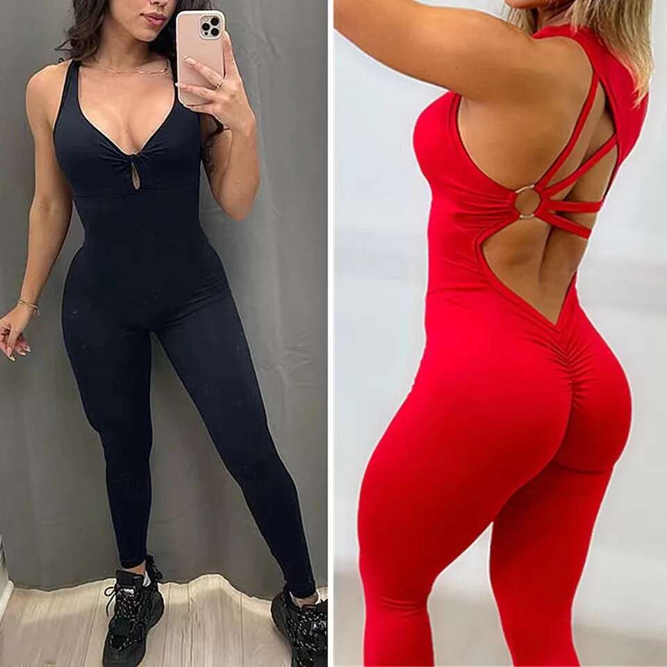 Lycra Gym Yoga Sets One Piece Cup Jumpsuit Sport Women Workout Clothes Long Pants Fiess Womens Outfits Active Suits KLMY