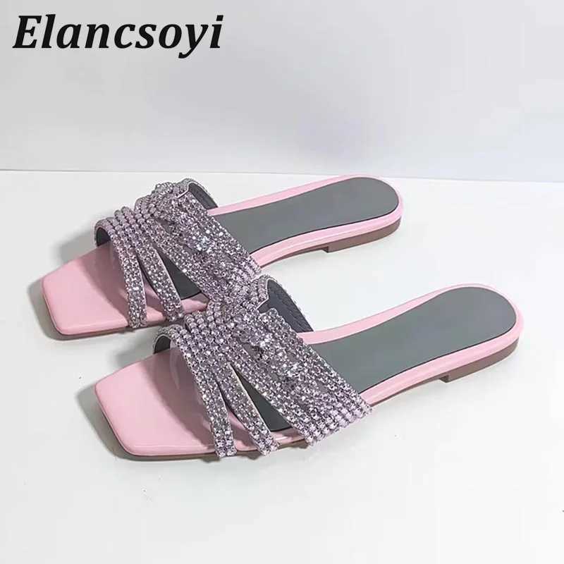 2025 Summer Shining Rhine Decorative Sliding Block Warms Outdoor Fi Sandals Square Toe Smooth Block Shoulder Casual Beach Shoes Y250306