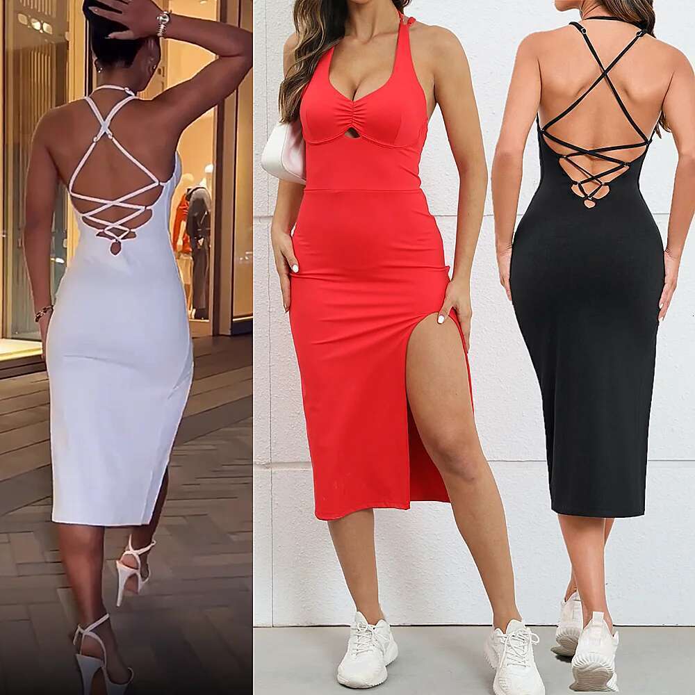 New Pad Open Back Cross High Slit Buttocks Wrapped Dress One Piece Skinny Yoga Set Scrunch Dress Breathable Women Sexy KLMY