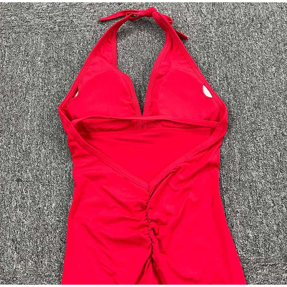 New Pad Nylon V Back One Piece Jumpsuit Skinny Yoga Set Scrunch Pant Breathable Women Wrinkle Peach Hip Exercise Workout Active KLMY