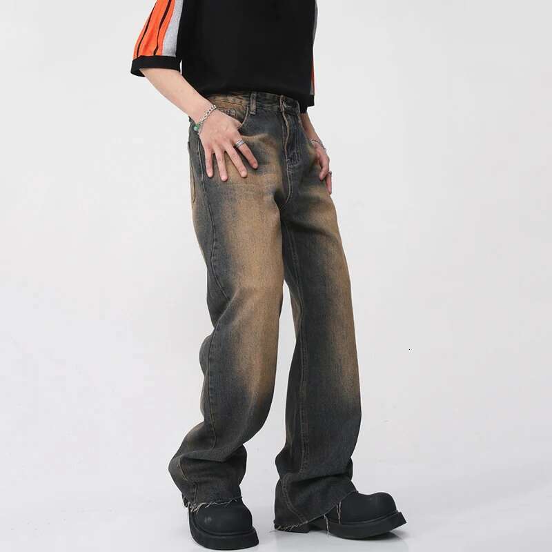 IEFB Vintage Men's Burrs Jeans Summer New Gradient Color Straight Denim Pants High Street Male Casual Wide Leg Trousers 9W460