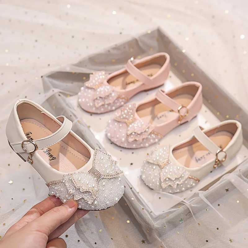 Autumn Fashion Pearl Bow Rhinestone Little Girl Shoes Flat Heels Kids Princess ShoesT250306