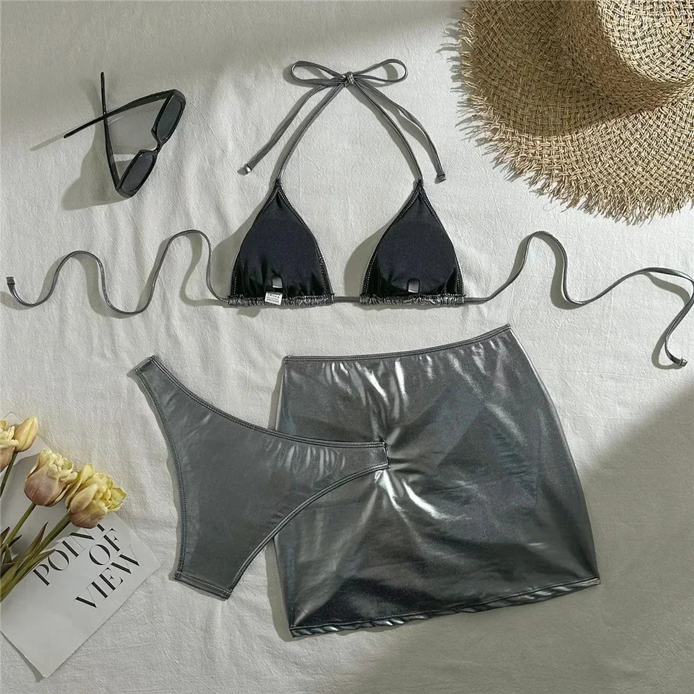 Gold Micro Thong String 3 Piece Bikini Set Womens Halter Swimwear Skirts Cover Ups Sexy Swimsuit Women Bathing Suit Bikinis 250306