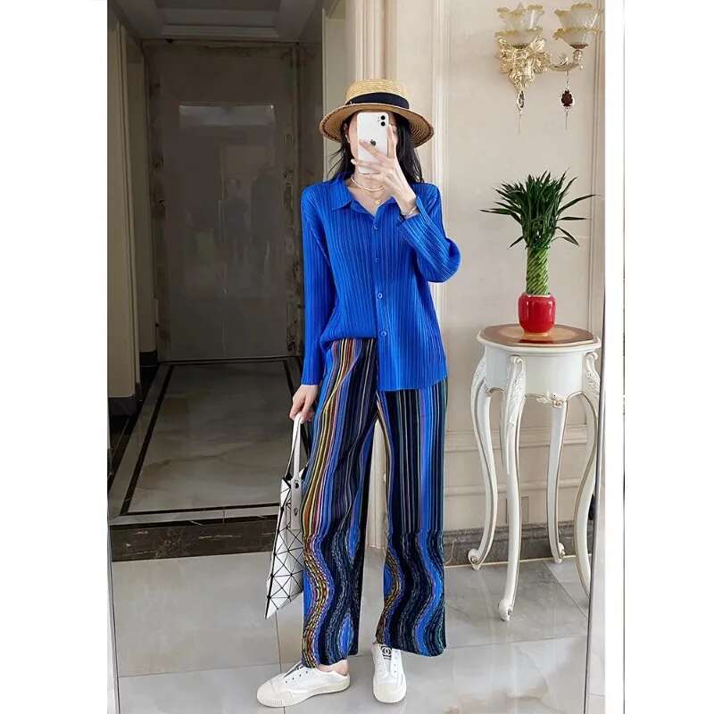 GGHK Pleated Women Casual Straight Leg Striped Printed Design Loose Stretch Fashion Hundred Female Pants 2025 Spring New