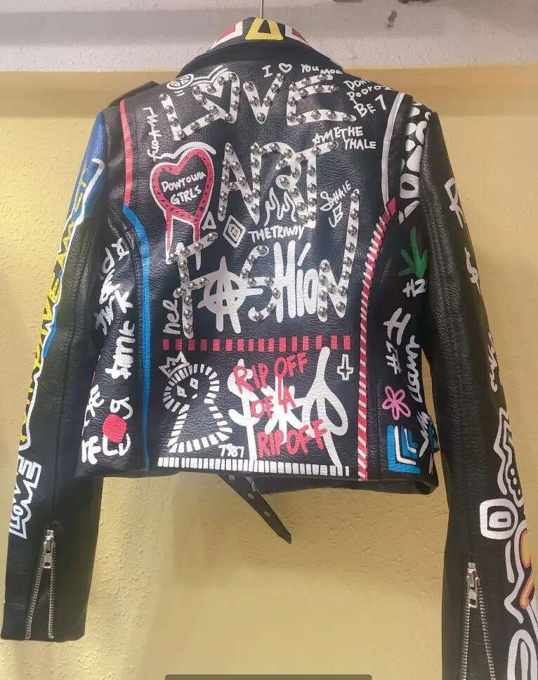 Rivet Beading Pu Leather Jacket Women Graffiti Colorful Print Biker Jackets And Coats PUNK Streetwear Jacket