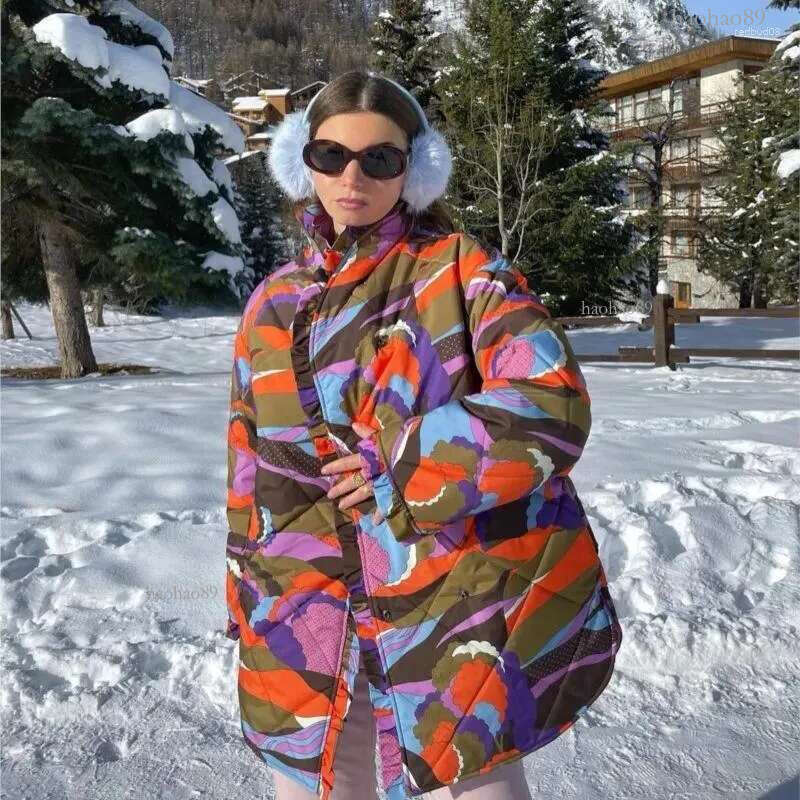 Women's Trench Coats Colorful Ruched Printed Split Cotton Coat Women Long Sleeve Ruffles Thicken Warm Jacket 2023 Autumn Winter Irreg