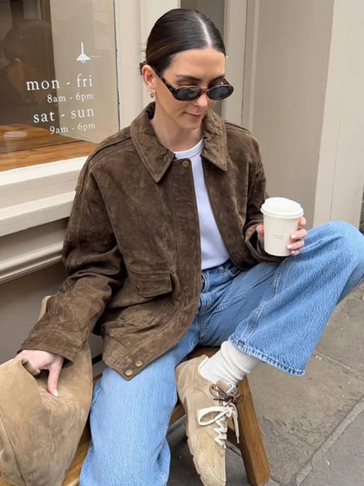 Casual Suede Jacket For Women With Pockets Vintage Turndown Collar Full Sleeve Zipper Female Bomber Spring Solid Ladies Suit 250306