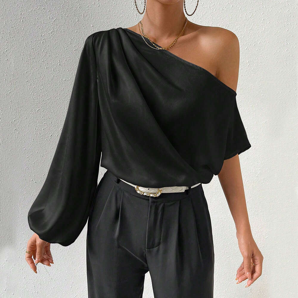 Women's Clothing Autumn And Winter Temperament Slanted Long Sleeved Sexy Off Shoulder Loose Neck Design Top KLMY
