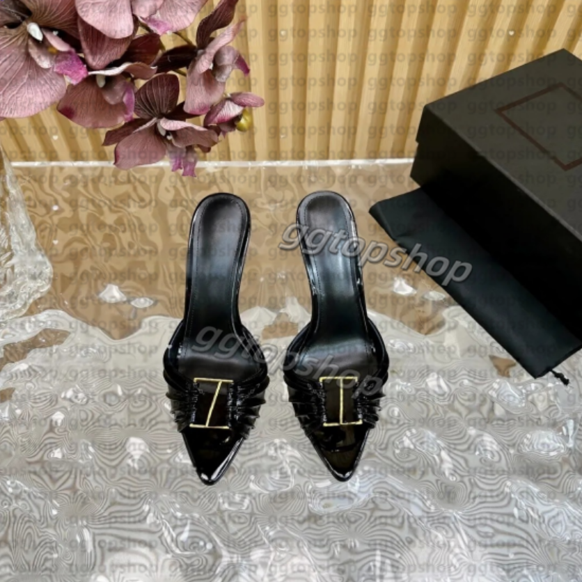 Elegant Dress Shoes Ladies Stiletto Slippers Mule Genuine Leather Fashionable New Letter Buckle Sharp Toes Sandals Women Designer High-Heeled Slipper