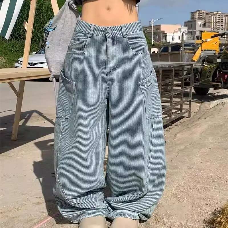 Hip Hop Fashion Y2k Original Design Large Pocket Jeans For Women Retro Spicy Girl Striped Oversize Wide Leg Or Length Pants