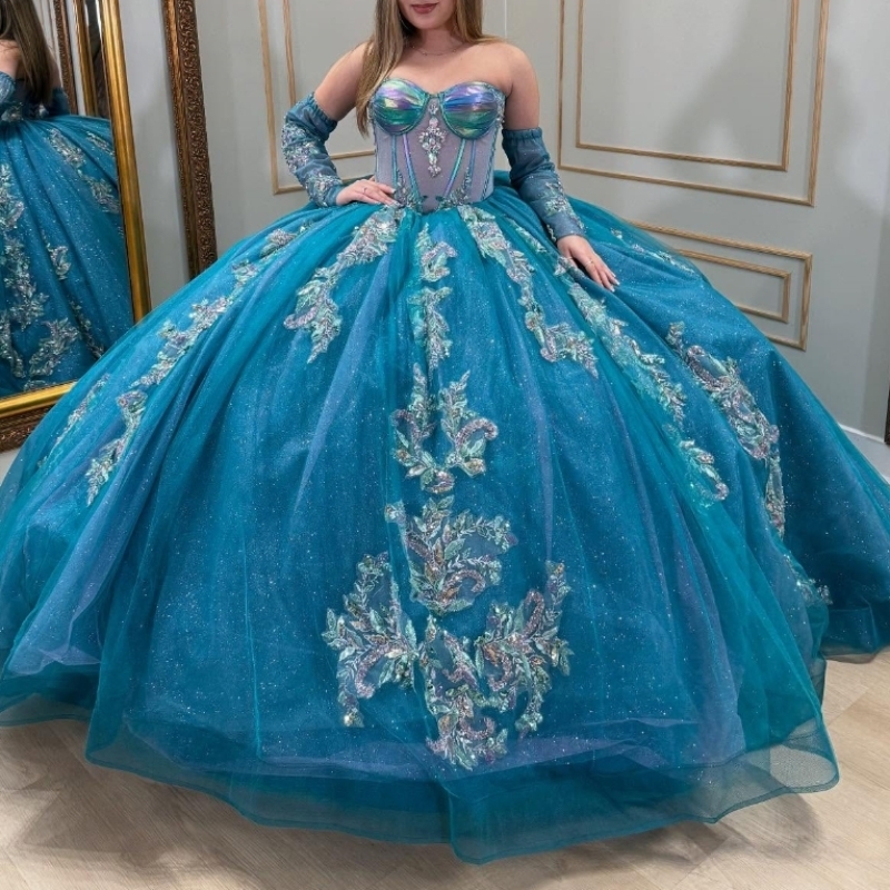 Sea Blue Shiny Quinceanera Dresses Ball Gown Off Shoulder Applique Lace Beads Tull Corset Sweet 16 Dress Vestidos 15 De Anos