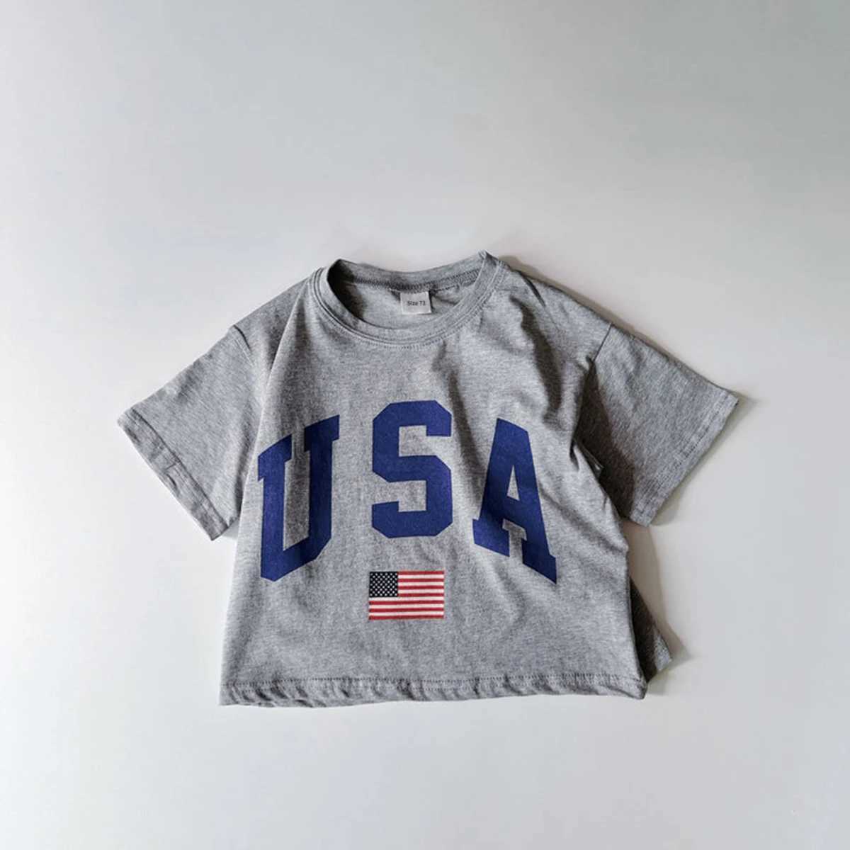 Korea Summer Kids Boys Girls Tee Oversized USA Print Short Sleeve T-Shirt Cotton Casual Tops Infant Outfit Toddler Clothes 6M-4YT250306