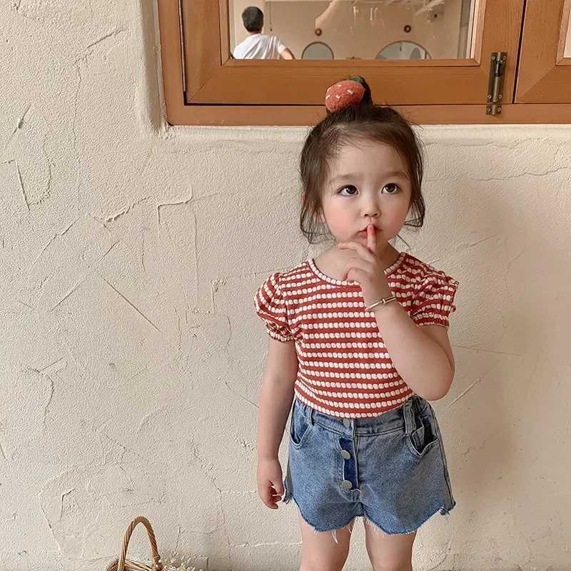 2024 Summer New Korean Style Baby Girls Striped T-shirts Bowknot Backless Puff Sleeve Tops Toddlers Kids TeesT250306