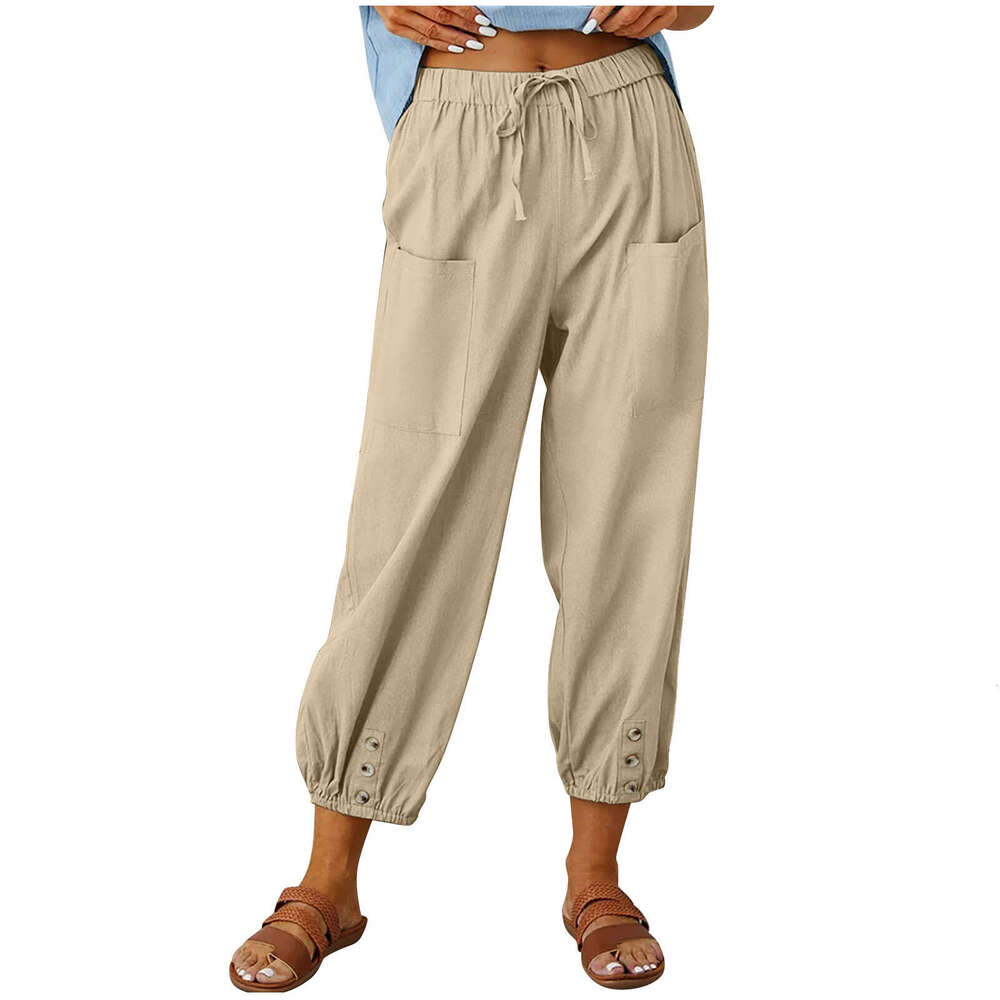 European American Loose High Waist Button Cotton and Hemp Nine Wide Leg Women's Pants 2025 New Casual Versatile Fashion Clothing